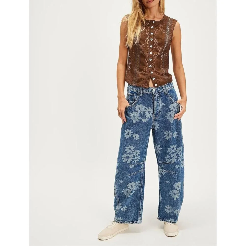 Women's Baggy Wide Leg Denim Jeans Floral Print Mid Rise Ankle Pants - Picture 3 of 6